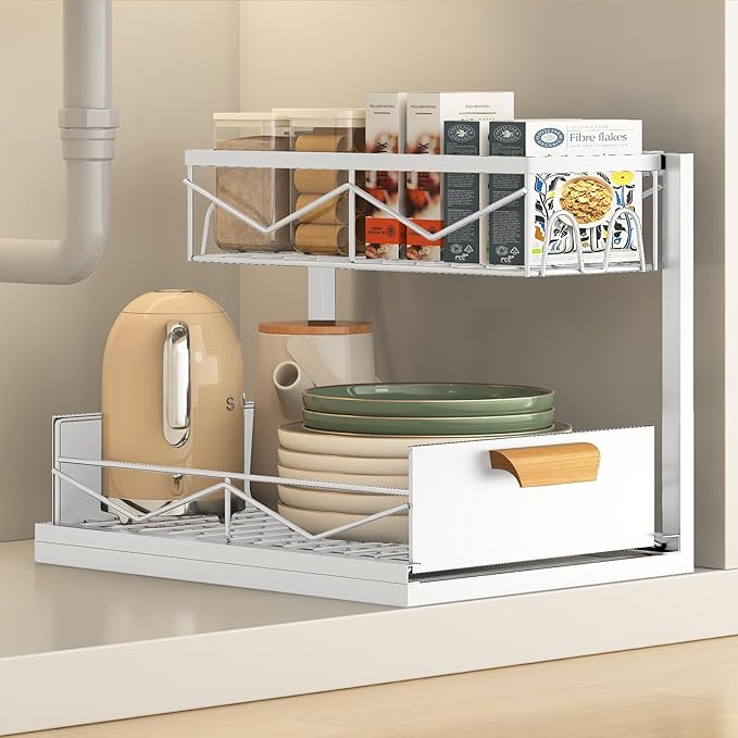 Under Sink Organizer - 2 Tier Pull Out Cabinet Organizer with Sliding Drawers, Adjustable Metal Storage Shelf for Kitchen & Bathroom, Space Saving Storage Solution (White, 1-Pack)