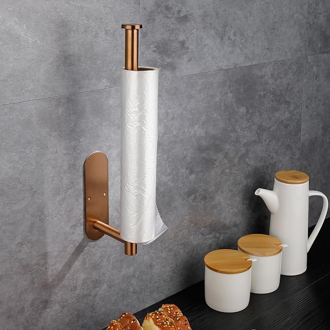 Paper Towel Holders,Paper Towels Rolls,Paper Bulk- Self-Adhesive Under Cabinet Wall Mount Countertop,Both Available in Adhesive and Screws,for Kitchen, Pantry, Sink, Bathroom，Stainless Steel Rose Gold