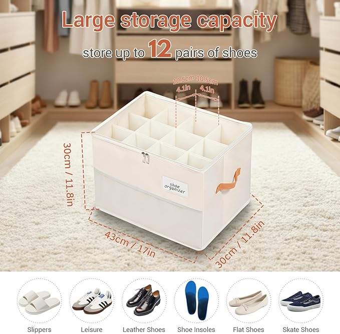 Chewlish Shoe Organizer for Closet, Foldable Shoe Box Storage Containers with Clear Cover, Smooth Zipper, Reinforced Handles and Bottom Support, Space Saving Shoes Holder, Beige (1, Small)