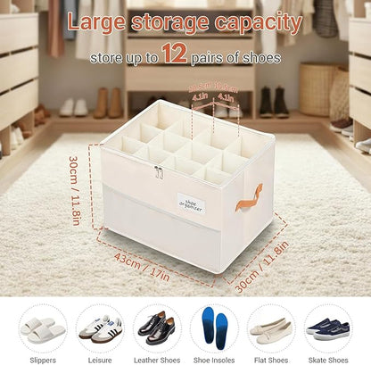 Chewlish Shoe Organizer for Closet, Foldable Shoe Box Storage Containers with Clear Cover, Smooth Zipper, Reinforced Handles and Bottom Support, Space Saving Shoes Holder, Beige (1, Small)