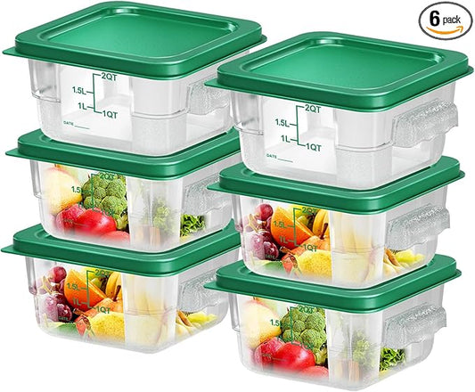 FeyBuosk 6 pcs 2qt Food Storage Containers with Lid, Square Clear Commercial Storage Containers with Handle and Scale for Food Storage in Home Kitchen & Dining (Green)