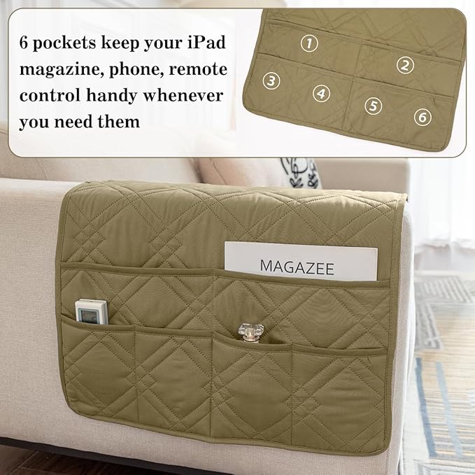 HADEEONG Couch Armrest Organizer Remote Control Holder Bedside Caddy with 6 Pockets, Non-Slip Armchair Caddy Sofa Armrest Organizer for Tv Remote Control, Magazine, Cell Phone, Dark Khaki