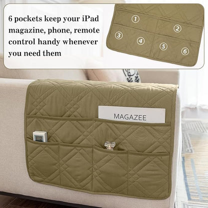 HADEEONG Couch Armrest Organizer Remote Control Holder Bedside Caddy with 6 Pockets, Non-Slip Armchair Caddy Sofa Armrest Organizer for Tv Remote Control, Magazine, Cell Phone, Dark Khaki