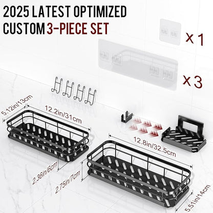 Getsrichfc Large Capacity Shower Caddy, Heavy-Duty Adhesive Shower Organizers with Custom Aesthetic Design Soap, No Drilling Corner Shower Shelves, 5 Hooks for Bathroom Accessories, 3 Pack