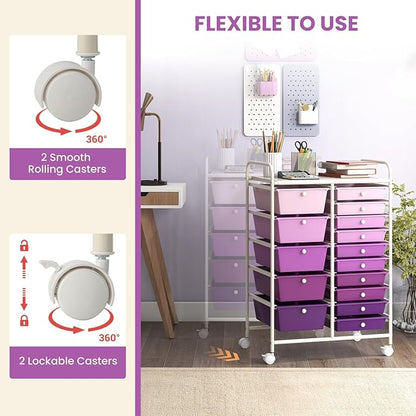 DORTALA 15-Drawer Rolling Storage Cart with Drawers, Rolling Utility Cart w/Removable Drawers & Universal Wheels, Tools Scrapbook Paper Organizer for School, Office, Home, Classroom (Gradient Purple)