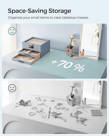 SONGMICS Jewelry Box Organizer with Glass Lid, 3-Layer Jewelry Storage, with 2 Drawers, Modern Style, 8 x 9.1 x 5.3 Inches, Smoky Blue and Silver UJBC239BU