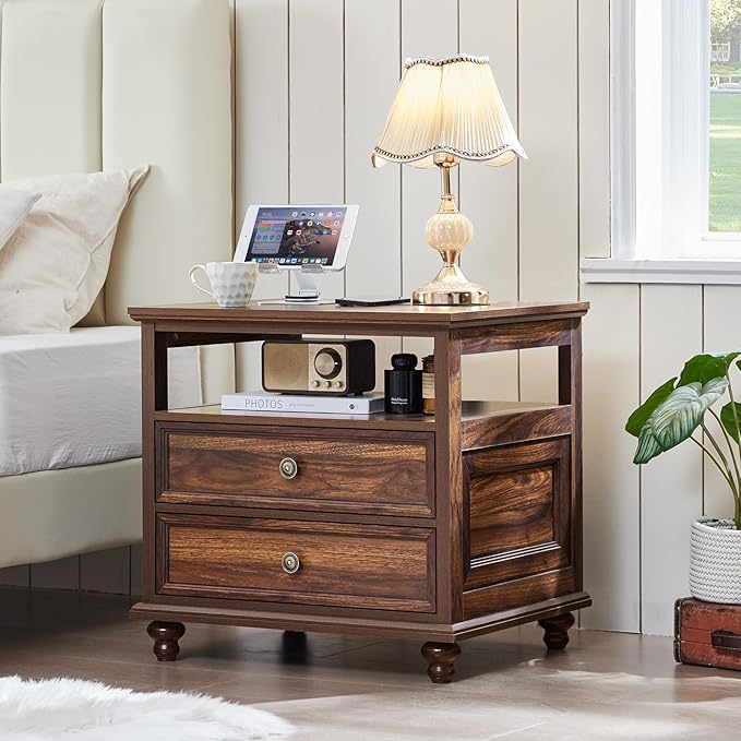 Joaxswe 24" Wide Farmhouse Night Stand,Large End Table with 2 Drawers & Metal Handle,Wood Dresser for Bedroom, Brown Bed Side Table Chest of Drawers Cabinet,Nightstand for Living Room,Closet