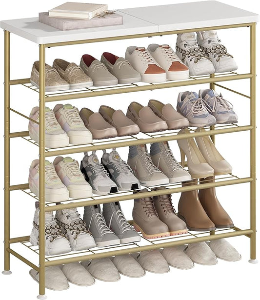 SUOERNUO Shoe Rack Organizer 5 Tier for Closet Entryway Free Standing Metal Storage Shoe Shelf with MDF Top Board，Gold