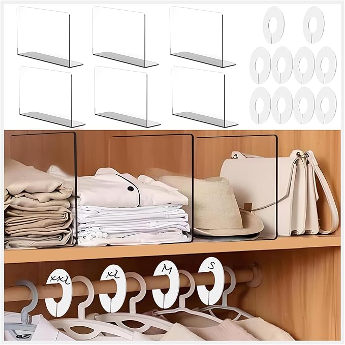 6Pack Acrylic Shelf Dividers for Closet Organization Shelves，Clear Plastic Dividers Shelf Clothes Separators in Closet for Cabinets Clothes Shelves