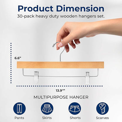 SereneLife 30 Pack Skirt and Pant Hanger with Adjustable Non-Slip Steel Clips, Premium Wooden, 360° Swivel Hook & 10 lb Capacity – Space-Saving Heavy-Duty Hangers for Jeans, Shorts & Slacks (Natural)
