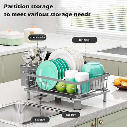 BULIJUJU Small Dish Drying Rack, Space Saving Dish Racks for Kitchen Counter, Kitchen Organizer Dish Drainer with Cutlery Holder for Spoons and Forks, 11''W x 15''L, Gray