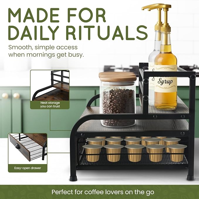 Coffee Syrup Rack Organizer – 3-Tier Coffee Bar Stand for Countertop, Rustic Wood & Metal Bottle Display Shelf with Coffee Pod Drawer, Wine Rack, Liquor Display Shelf for Home Coffee Station
