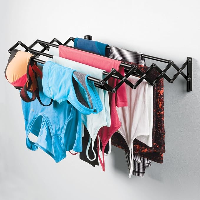 mDesign Steel Wall Mount Accordion Expandable Retractable Clothes Air Drying Rack - 8 Bars for Hanging Garments - Mounted Organizer for Laundry/Utility Room, Bathroom, Garage, Bardo Collection, Black