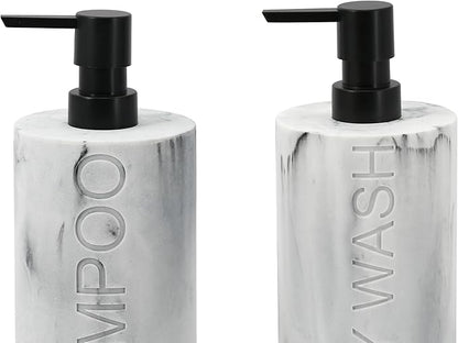 Indecor Home Marble Resin 2 Piece Shampoo and Body Wash Dispenser Set, Luxurious Refillable Pump Bottles with Matte Pump Top and Embossed Text, Durable Design for Bathroom and Shower
