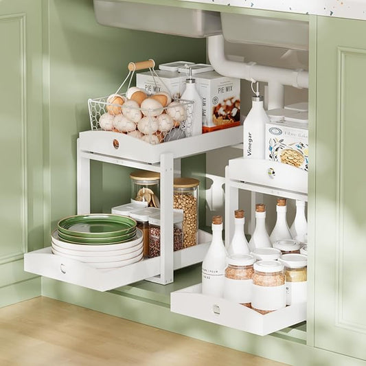 Bamboo Wood Under Sink Organizer 1 Pack, Pull Out Cabinet Organizer 2 Tier Under Sink Organizers and Storage with Sliding Drawer Sturdy Easy Assembly for Kitchen Bathroom Undersink (White, 2 Packs)
