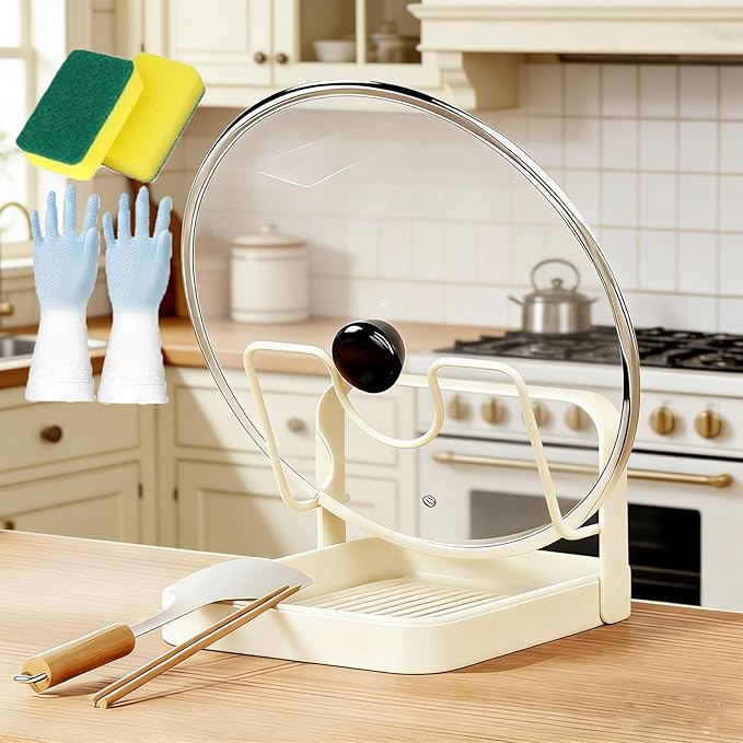 2026 New Kitchen Pot Lid Storage Rack, Pot Lid Holder While Cooking, Double Layer Lid and Spoon Rest With Tray, Multifunctional Spatula Holder For Stovetop, Kitchen Counter (Single Layer-beige)