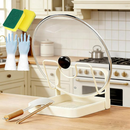 2026 New Kitchen Pot Lid Storage Rack, Pot Lid Holder While Cooking, Double Layer Lid and Spoon Rest With Tray, Multifunctional Spatula Holder For Stovetop, Kitchen Counter (Single Layer-beige)