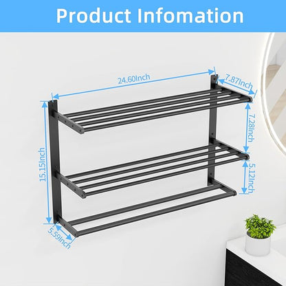 Towel Racks for Bathroom 24 Inch, 3 Tier Towel Shelf with Double Towel Bar, Wall Mounted Towel Rack SUS 304 Stainless Steel, Towel Storage for Bathroom Lavatory, Black