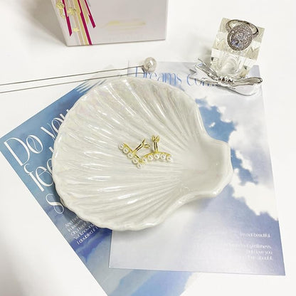 Ring Dish Shell Shape Ceramic Jewelry Dish Tray, Decorative Trinket Dish Organizing Rings Earrings Necklaces Keys for Mom Friend Sister, 3.9", White Iridescent Surface