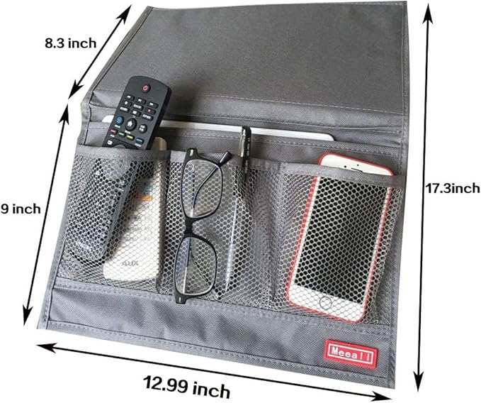 Meeall Bedside Storage Organizer with Pockets, Bedside Caddy, Table Cabinet Storage Organizer, TV Remote Control, Phones, Magazines, Tablets, Accessories, Grey