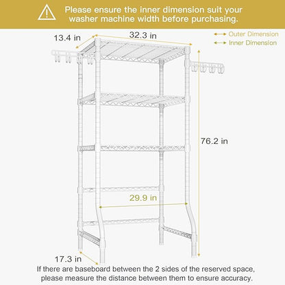 Ulif U8 Medium Laundry Room Storage Organizer, Over the Washer and Dryer Storage Shelves for Laundry Organization, 32.3”W x 17.3”D x 76.2”H, Suit Washing Machine Width within 29.9”, Hold 304 lb, White