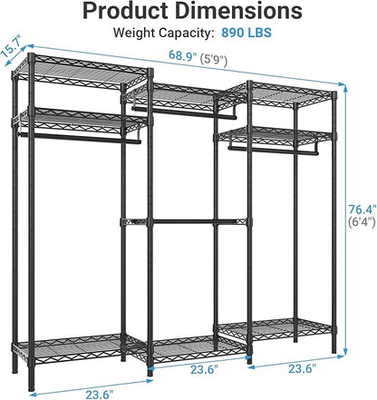 VIPEK V5i Garment Rack Heavy Duty Clothes Rack for Hanging Clothes, Portable Wardrobe Closet Freestanding Clothing Rack with 8 Adjustable Shelves & 4 Hang Rods, 68.9" L x 15.7" W x 76.4" H, Black