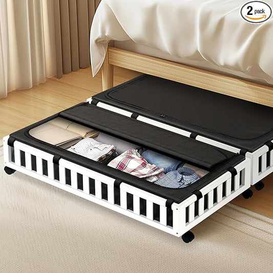 Gashell 2 Pack Bamboo Under Bed Storage with Wheels, 39”x20”x7.8” Lager Under Bed Storage Containers (White)