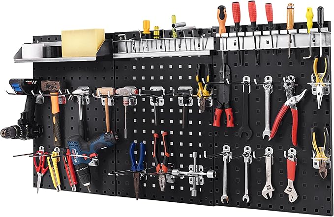 Goplus Garage Pegboard, Metal Pegboard Tool Organizer Kit with 3 Pegboards & 28 Pcs Hanging Accessories, Heavy Duty Wall Organizer Peg Board for Workshop, Tool Storage, Black