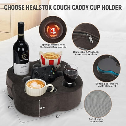 Couch Cup Holder Pillow, Sofa Organizer Caddy Bed Refreshment Tray for Drinks, Remotes, Phones, Snacks (Soot)