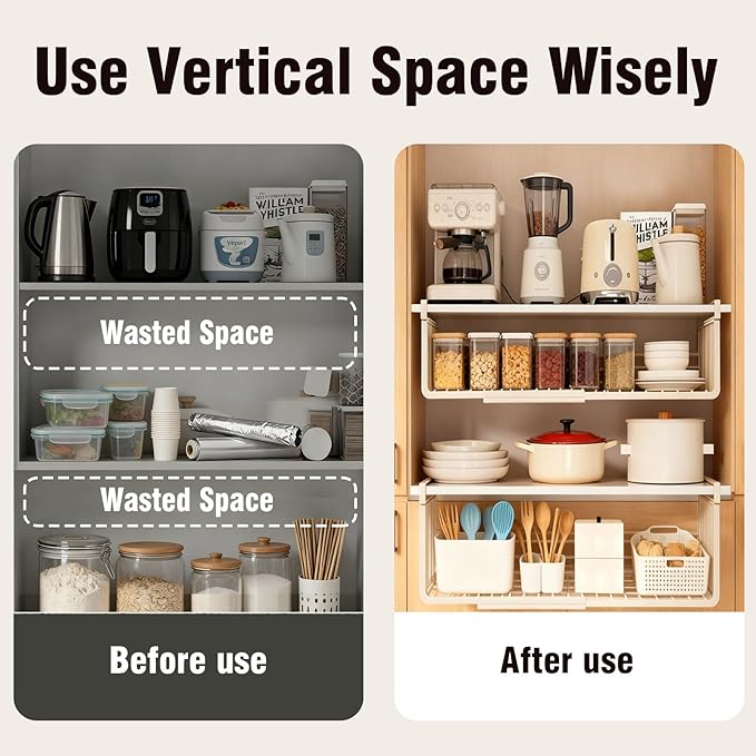 2 Pack Under Shelf Storage Basket, Extendable Under Cabinet Organizer, Pantry Organizers and Storage Hanging Rack for Kitchen Laundry Room Desk Counter Bookshelf