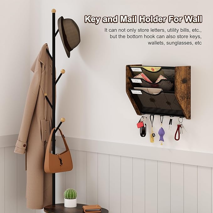 Wall File Organizer With Hooks,3 Tier Mesh Mail Organizer Wall Mounted,Hanging File Organizer,Magazine Holder for Documents,Magazine,Literature,File,Mails,Envelopes