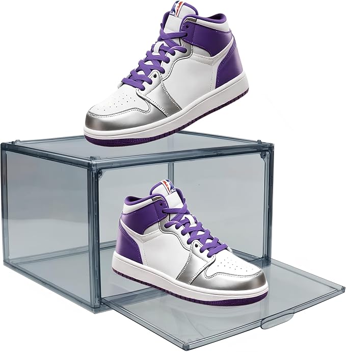 3BBYJL Acrylic Shoe Organizer，Sneaker Acrylic Display Case Size 13 for Men/Women Shoe Box Clear Box Stackable Storage Bins with Magnetic Door，Grey 1 Pack