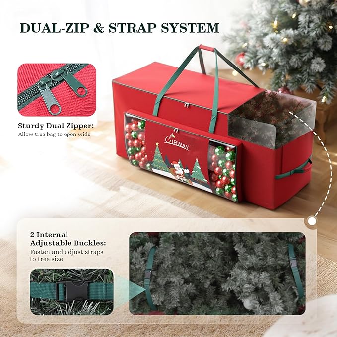 UIRWAY Christmas Tree Storage Bag- Fit for 9ft Artificial Trees, 600D Oxford Christmas Tree Bag with Transparent Pouch & Side Pocket, Extra Large Tree Bags with Sturdy Handles & Dual Zipper, Red