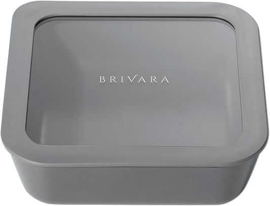 BRIVARA HOME Ceramic Coated Glass Food Storage Container | No PTFE, PFOA, PFAS, and BPA | Reusable Non Toxic Meal Prep Container with Glass Lid | Easy To Store | 5 Cup Square [Smoke]
