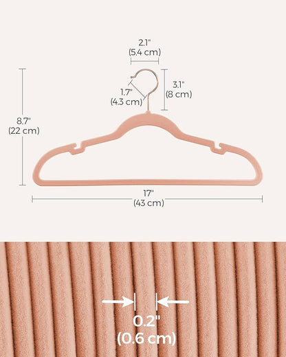 SONGMICS Velvet Hangers 100 Pack, Non-Slip Clothes Hangers with Shoulder Notches, Pants Bar, 360° Swivel Hook, Space-Saving, for Closet, Jelly Pink UCRF029R100