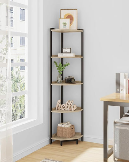 Corner Shelf Stand, Corner Bookshelf, Storage Standing Shelf Unit with Metal Frame, Plant Stand, Corner Bookcase for Living Room, Home Office, Bedroom, 5-Tier Greige CS05905B