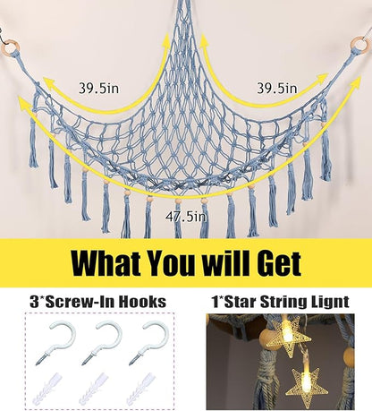 Stuffed Animal Toy Storage Hammock with LED Light-Macrame Jumbo Doll Room Organizer Mesh Decoration-Hanging Storage Nets Kids Bedroom(Blue Beads)