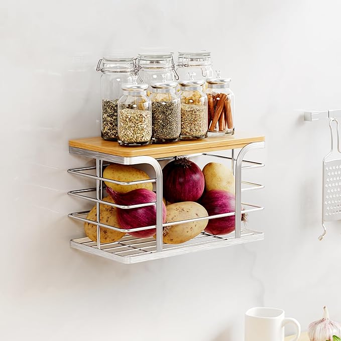 Trash Bag Holder with Bamboo Top, Wall Mount 304 Stainless Steel Garbage Bag Dispenser,Stackable Storage Suitable for Garbage Bags of 100 Rolls under 13 Gallons,Silver Small