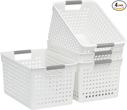 Soddeph 4 Pack Plastic Deep Storage Basket with Handles, Cubbies Organizer Bins with Hollow Design for Under Counter, Closet, Kitchen or Bathroom 12.3" × 8.7" × 6.9"(White, Medium)