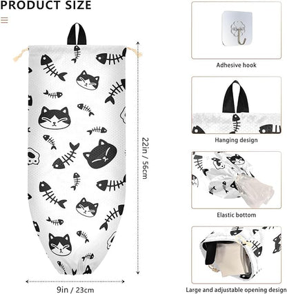 1 PC Plastic Bag Holder Wall Mount Grocery Bag Holder Shopping Bag Trash Bag Storage Organizer Dispenser for Kitchen Closet 22 x 9 Inch Cat and Fish Bone