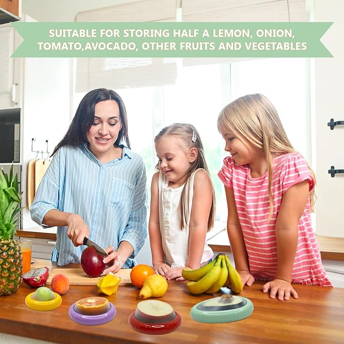 AWLGAK Avocado Saver and Onion Holder -Set of 4 Reusable Fruit and Veggie Savers for Fridge - BPA-Free, Prevent Flavor Mixing, Keep Fresh (Cyan, Purple, Red And Yellow)