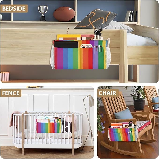 CuwrYet Bedside Caddy Hanging Bunk Bed Caddy Bed Organizer Hanging Pocket with 2 Hooks Bedside Storage Organizer Pocket Bag Holder Vibrant Colorful Stripes