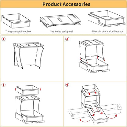 Attelite Under Sink Organizer, 2 Tier Bathroom Counter Organizer with 180° Rotating and Foldable Design, Sliding Drawers Clear Spice Rack Organizer for Cabinet, Pull Out Cabinet Organizer