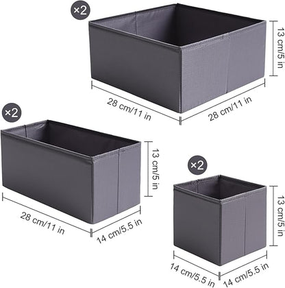 TYEERS Drawer Organizers, Durable Fabric, Washable, with Base Support Boards, Small Storage Boxes for Bathroom, Closet, Dresser, Set of 6, Dark Grey