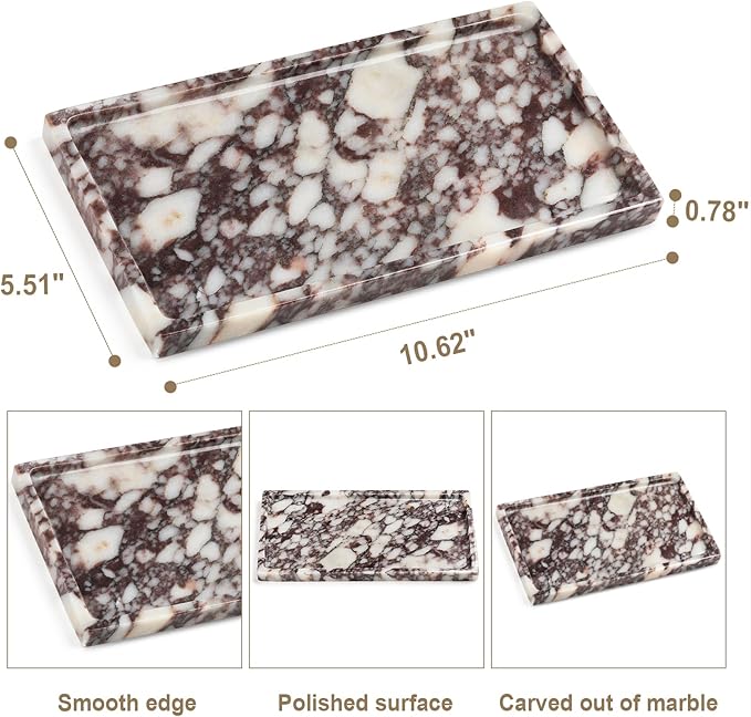 Natural Marble Vanity Tray - Moujings Genuine Marble Perfume Tray for Bathroom Decor, Stone Bathroom Vanity Organizer Tray for Kitchen Counter, Candles, Jewelry, Coffee, Makeup, Key