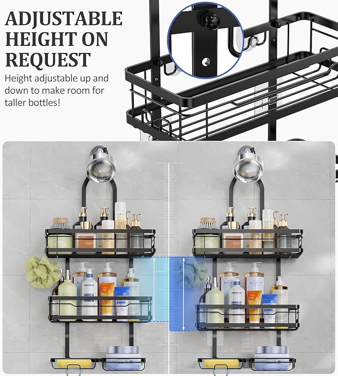 OMAIRA Shower Caddy Hanging with Soap Scrub Holder, Stainless Steel Adjustable No Drilling Non-Slip Large Capacity Sturdy Over Shower Head Shower Organizer Inside Shelves Bathroom Storage Rack, Black
