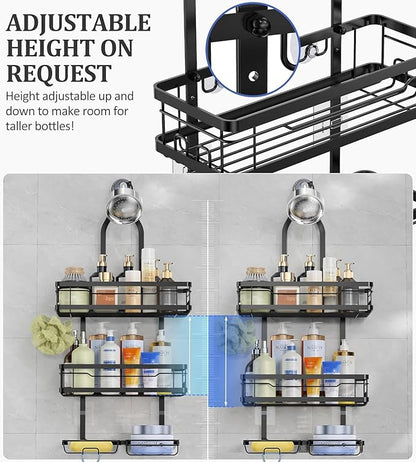 OMAIRA Shower Caddy Hanging with Soap Scrub Holder, Stainless Steel Adjustable No Drilling Non-Slip Large Capacity Sturdy Over Shower Head Shower Organizer Inside Shelves Bathroom Storage Rack, Black