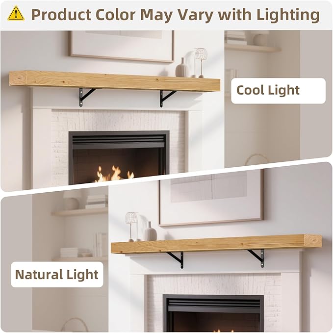 ROOMTEC Fireplace Mantel,60" Wood Fireplace Shelves with L-Shaped Bracket,Wall Mounted Wooden Shelving,Handcrafted Wood Brack,Mantels Over Fireplace, 60" x 8" x 3"-Clear Varnished Natural Wood
