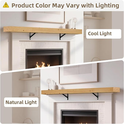 ROOMTEC Fireplace Mantel,60" Wood Fireplace Shelves with L-Shaped Bracket,Wall Mounted Wooden Shelving,Handcrafted Wood Brack,Mantels Over Fireplace, 60" x 8" x 3"-Clear Varnished Natural Wood