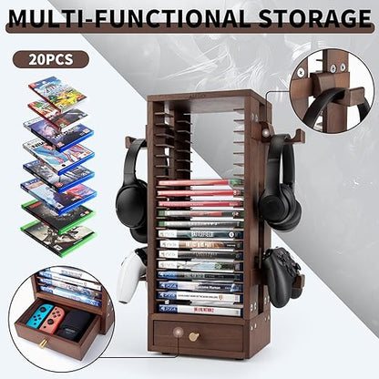 ASFSKY Walnut Wood Game Storage Tower - 20 Games Video Game Organizer & Holder, Universal Video Game Storage Tower with 4 Controller Hooks, Compatible with PS5/PS4/Xbox/Switch - Gamer Gifts